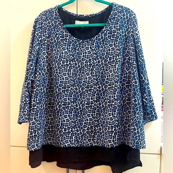 Michael Kors Blue Animal Leopard Print 3/4 Sleeves Layered Blouse Top-Size 2X - Picture 1 of 7